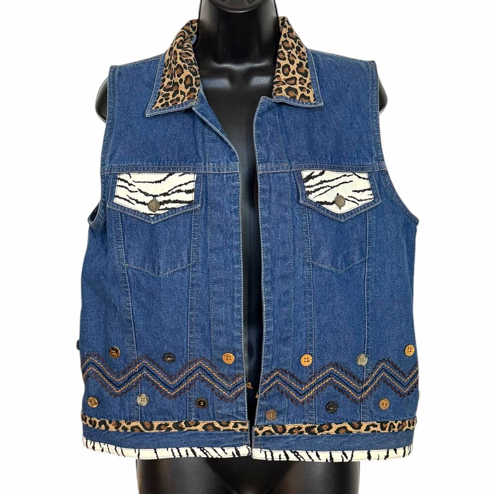 Vtg 90s Stonebridge Denim Vest XL Animal Print Leopard Zebra Boho Western Retro